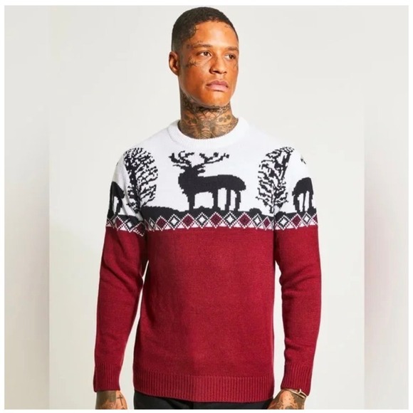 BoohooMAN Men's Reindeer Christmas Sweater Red White Black Size M - Picture 2 of 11